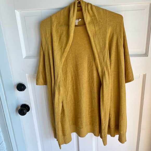 New Eileen Fisher, mustard, yellow open front short sleeve shawl cardigan - Picture 1 of 4